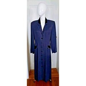 John Roberts Maxi Jacket Blazer Dress Size 12 Navy Blue Velvet Trim USA Made VTG